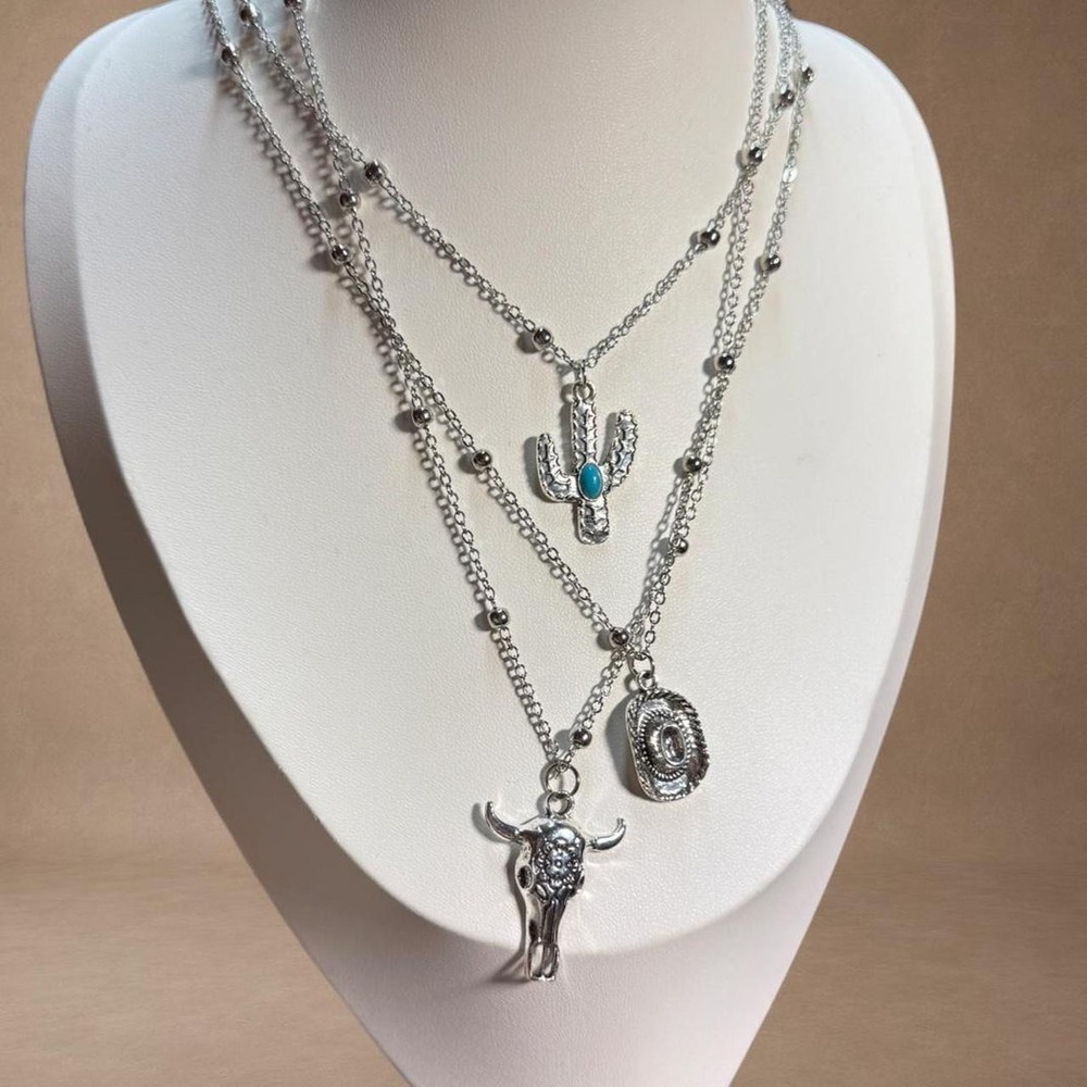 Western Y2K Layered Bull Skull & Turquoise Charm Necklace
